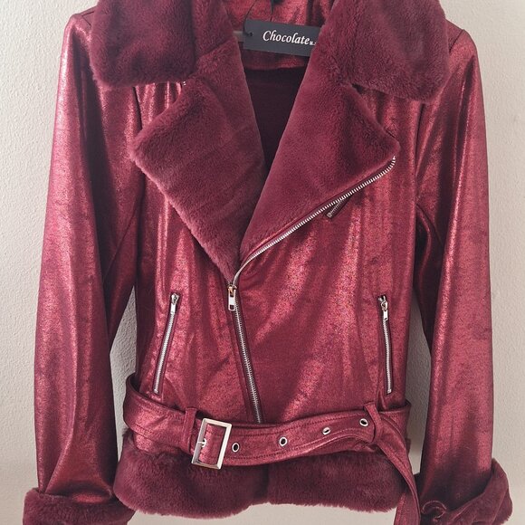 Wine Burgundy soft stretch foiled faux fur cropped moto jacket Women's Large NWT - Picture 1 of 6